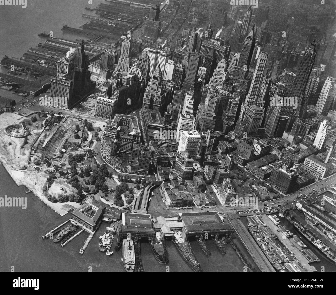 La città di New York, vista del quartiere finanziario nel centro cittadino di Manhattan, presi da un blimp battenti a 1500 ft.sopra la città, Foto Stock