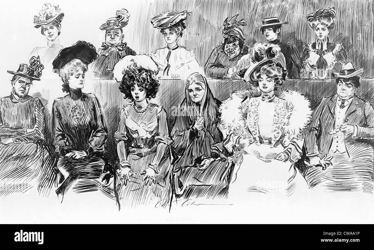 1902 Disegno di Charles Dana Gibson (1867-1944), "studi di espressione. Quando le donne sono i giurati,' mostra le donne giuria di vari Foto Stock