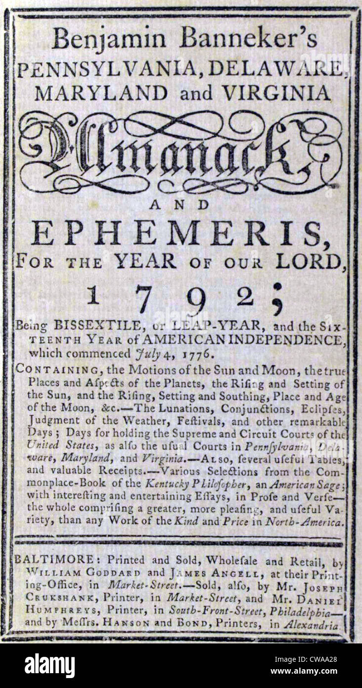 Titolo pagina di un 1792 Almanacco pubblicato da uno dei primo americano africano intellettuali, Benjamin Banneker (1731-1806). Foto Stock