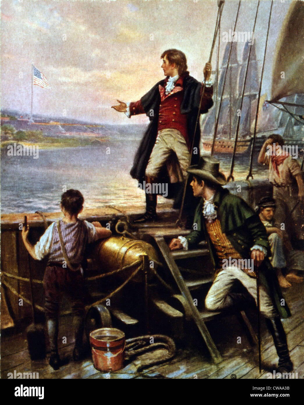 Francis Scott Key, (1779-1843) risveglia il 14 settembre 1814, per vedere la bandiera americana continua a sventolare su Fort McHenry. Ispirato, Foto Stock