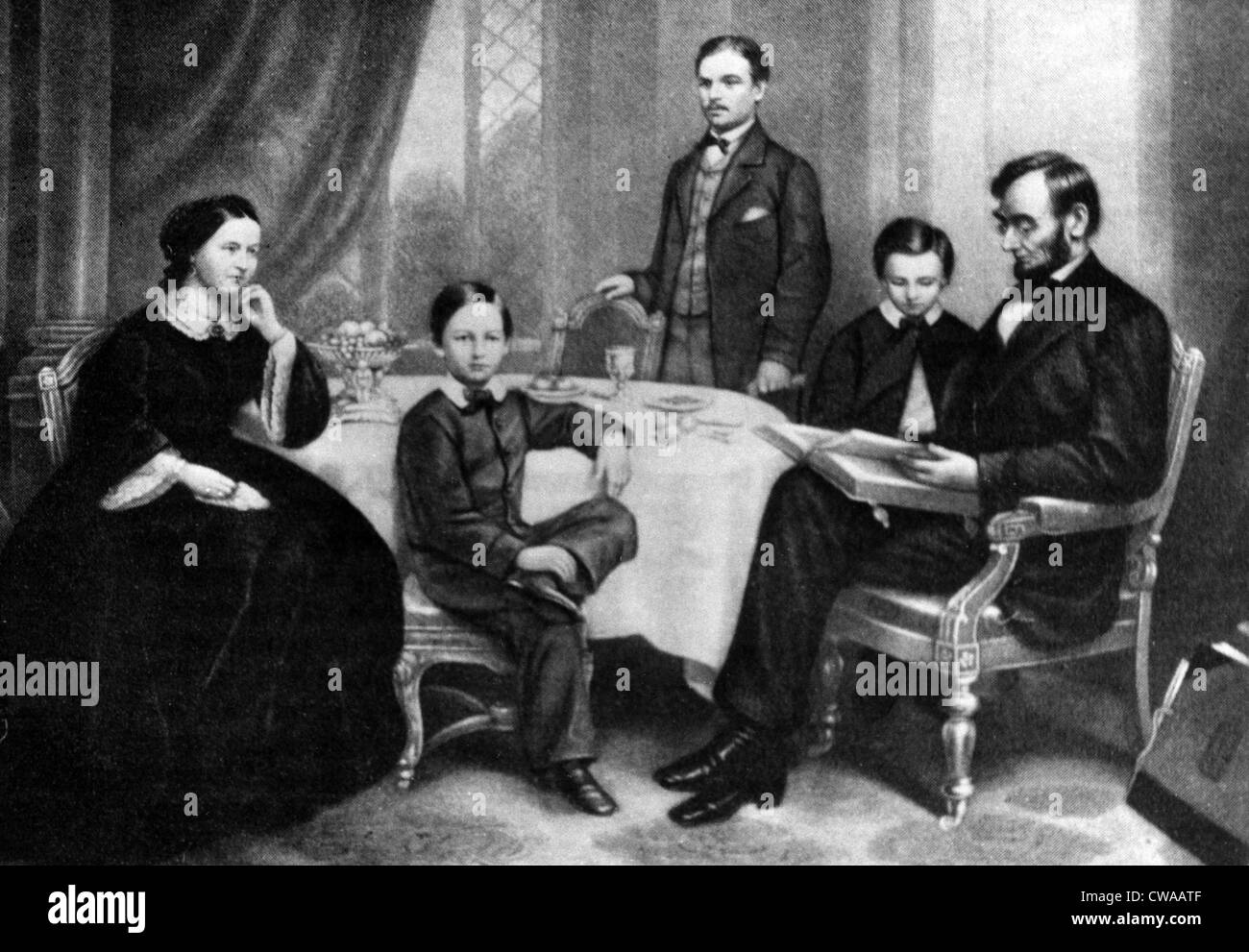 Illustrazione raffigurante Abraham Lincoln la lettura alla sua famiglia, c. 1860s.. La cortesia: CSU Archivi / Everett Collection Foto Stock