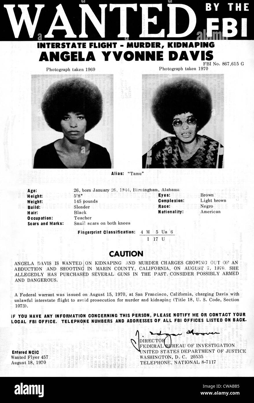 Angela Davis FBI voluto Annuncio 8 agosto 1970. La cortesia: CSU Archivi / Everett Collection Foto Stock