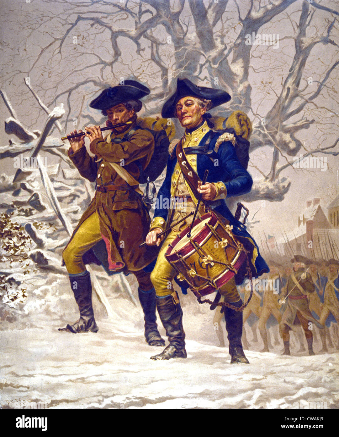 Esercito continentale color guard, riproduzione di Fife e tamburo, marciando in inverno durante la Rivoluzione Americana, 1776-1783. Foto Stock