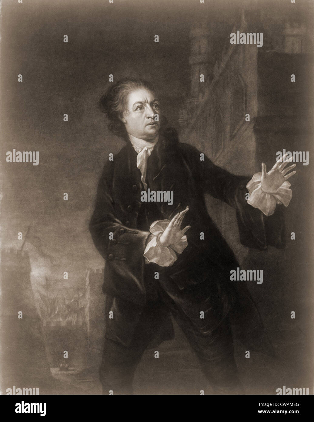 David Garrick (1717-1779), attore inglese, drammaturgo e produttore nel ruolo di Amleto, atto 1, Scena 4. 1754 incisione. Foto Stock