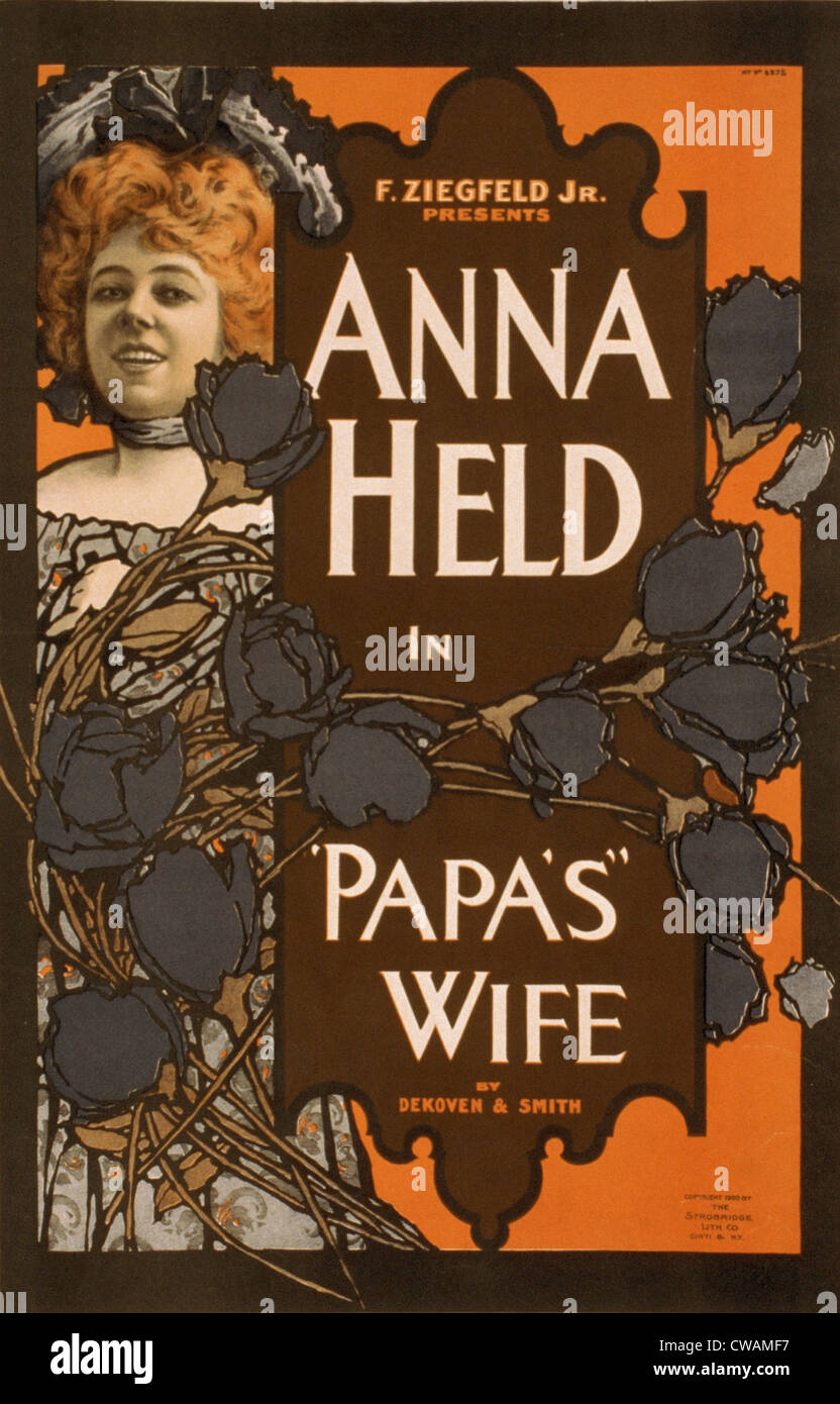 Theatre poster pubblicitari Florenz Ziegfeld la produzione di PAPAS MOGLIE, fissando la moglie Anna detenuti. 1900. Foto Stock