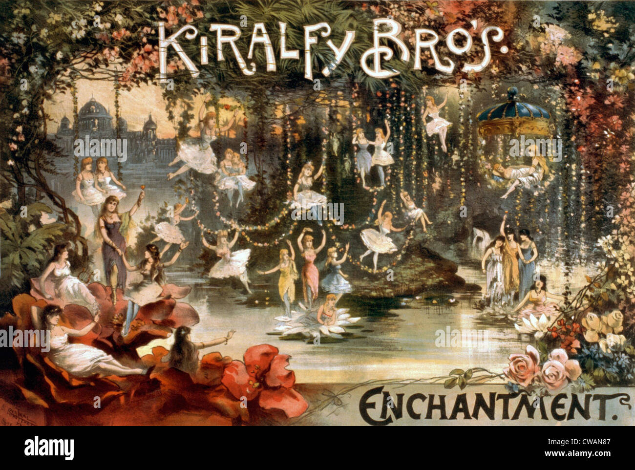 1886 theatre poster per incanto, mostra lo stravagante tappa fantastica ambientazione con ballerine in collant, in giardino Foto Stock