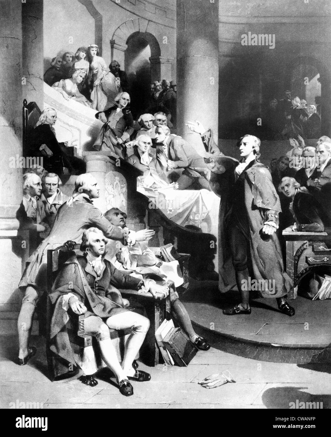 Patrick Henry durante il suo celebre discorso,'..mi danno la libertà, o mi danno la morte!", Virginia House of Burgesses.. La cortesia: CSU Foto Stock