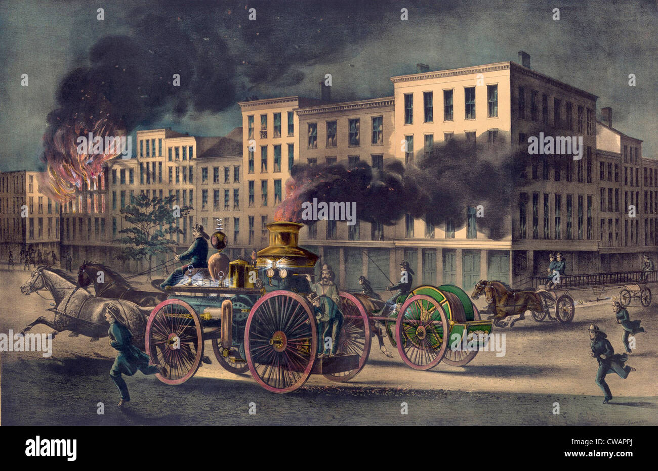 Stato della tecnica attrezzature antincendio in 1866 incluso un cavallo disegnato motore fire accompagnato da separare il tubo flessibile e la scaletta Foto Stock
