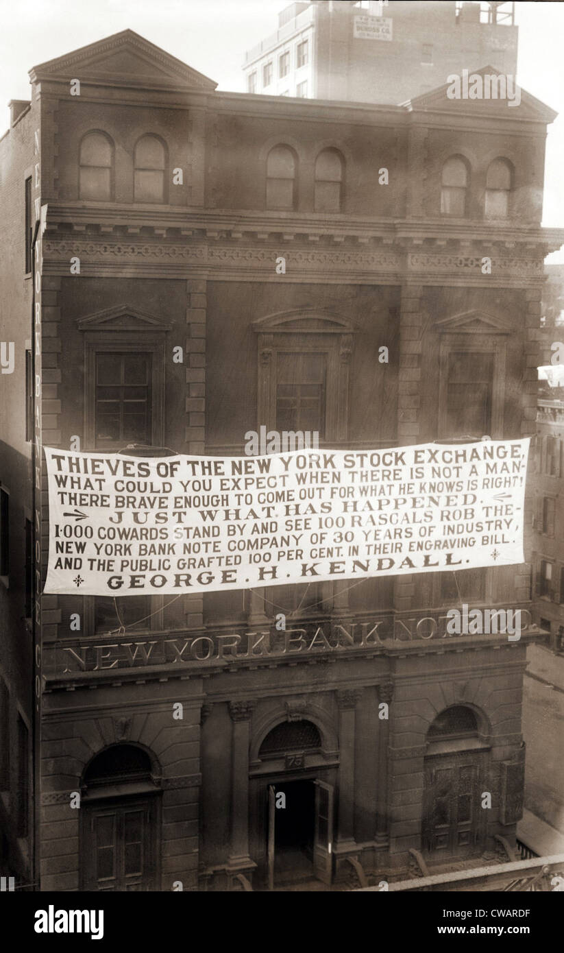 Large banner incolpando 'i ladri del New York Stock Exchange' per rubare la New York Bank Nota Co. di "30 anni di Foto Stock