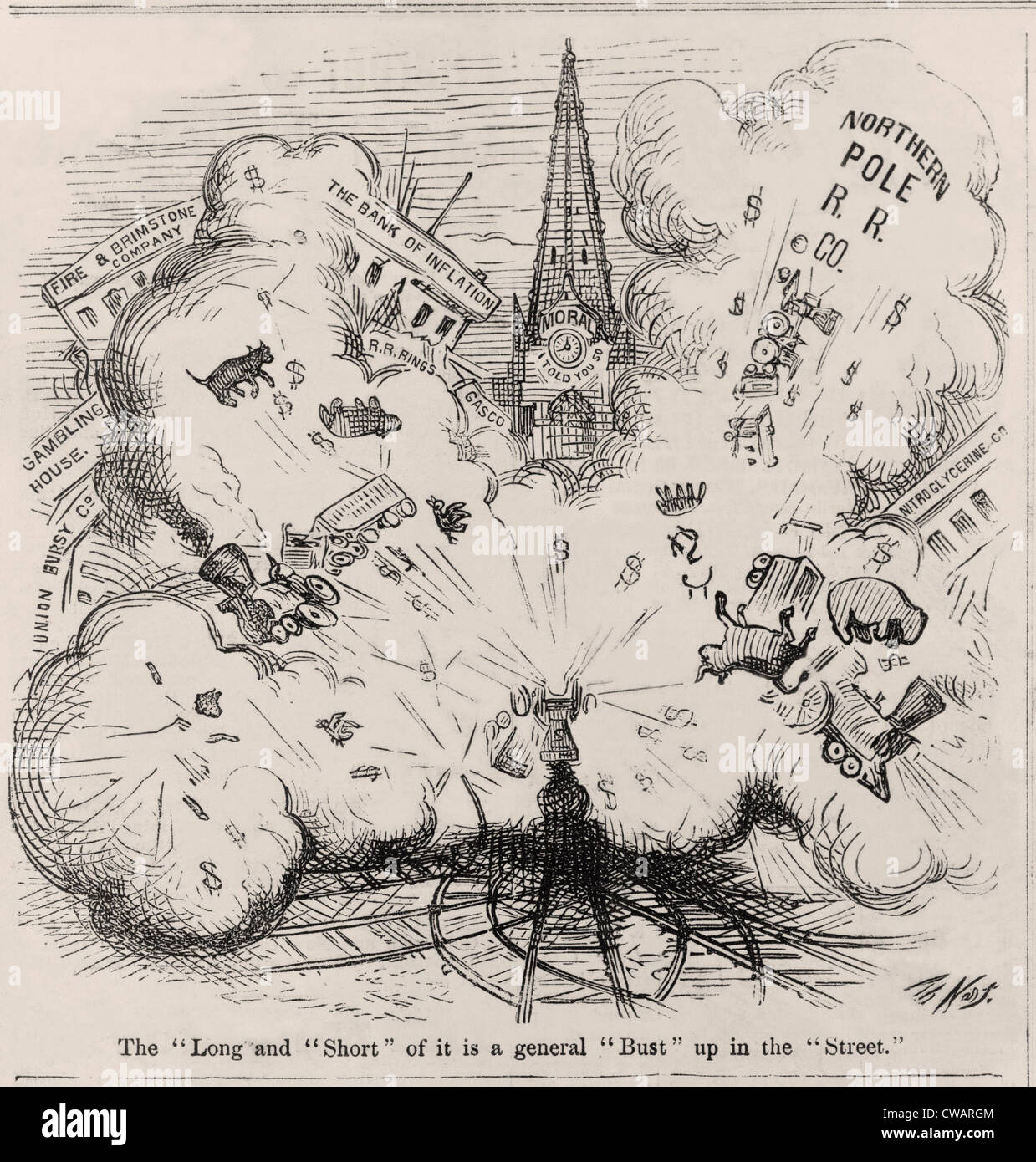Il panico finanziario del 1873. Thomas Nast cartone animato che mostra un esplosione che soffia su polo nord R.R. Co., la Banca di inflazione, Foto Stock