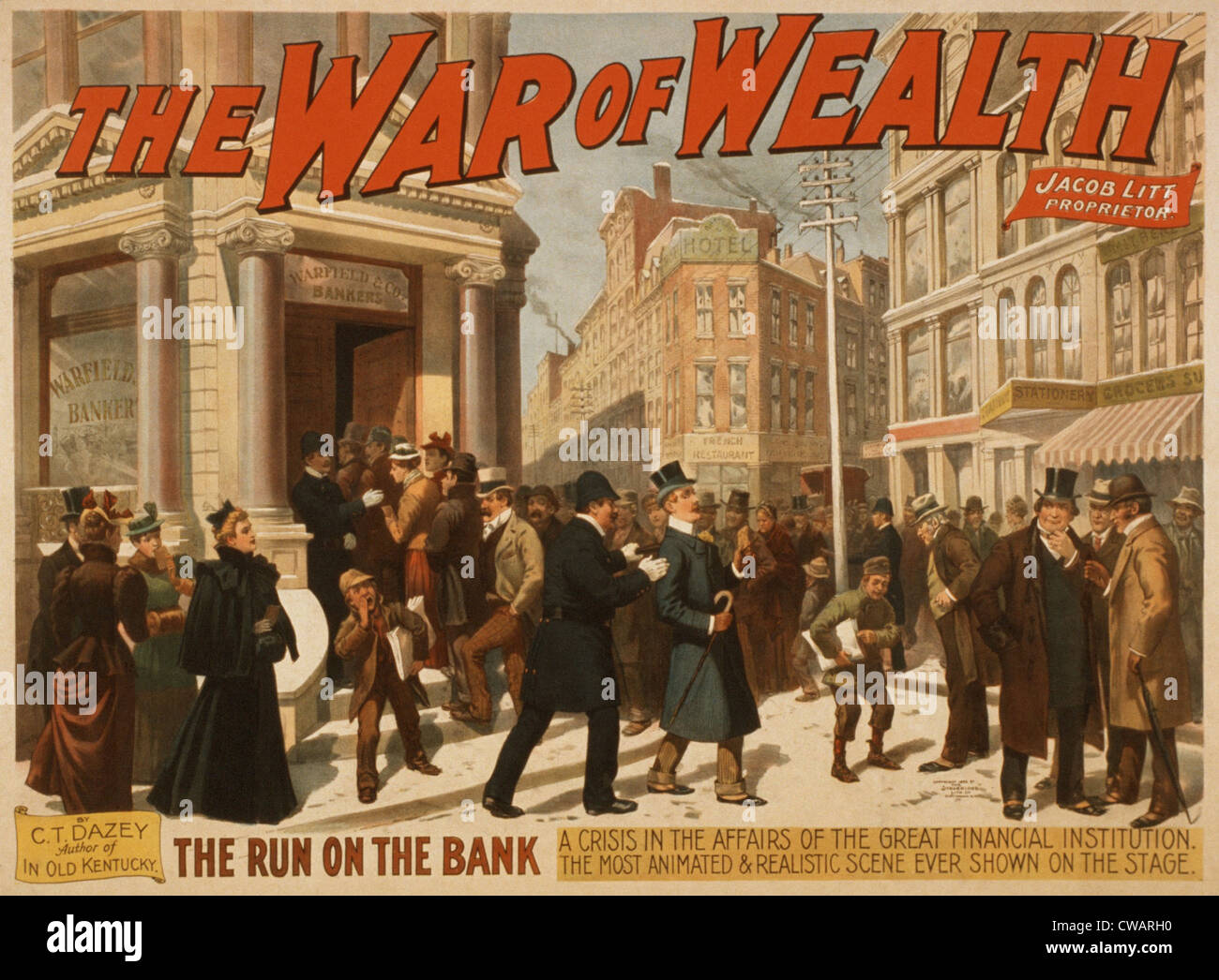 1895 Theatre Poster raffigurante una corsa sulla banca, sostenendo che era la parte più animata e scena realistici mai mostrato sul palco. Foto Stock