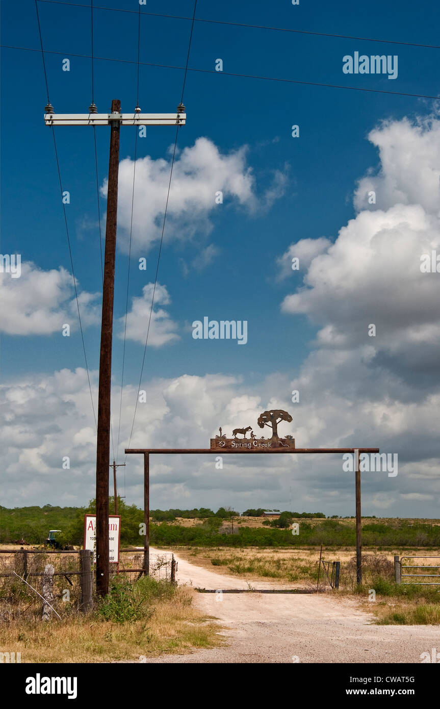 Ferro battuto cancello al ranch sulla autostrada US-59 SW di George West in Live Oak County, Texas del Sud pianure regione, Texas, Stati Uniti d'America Foto Stock