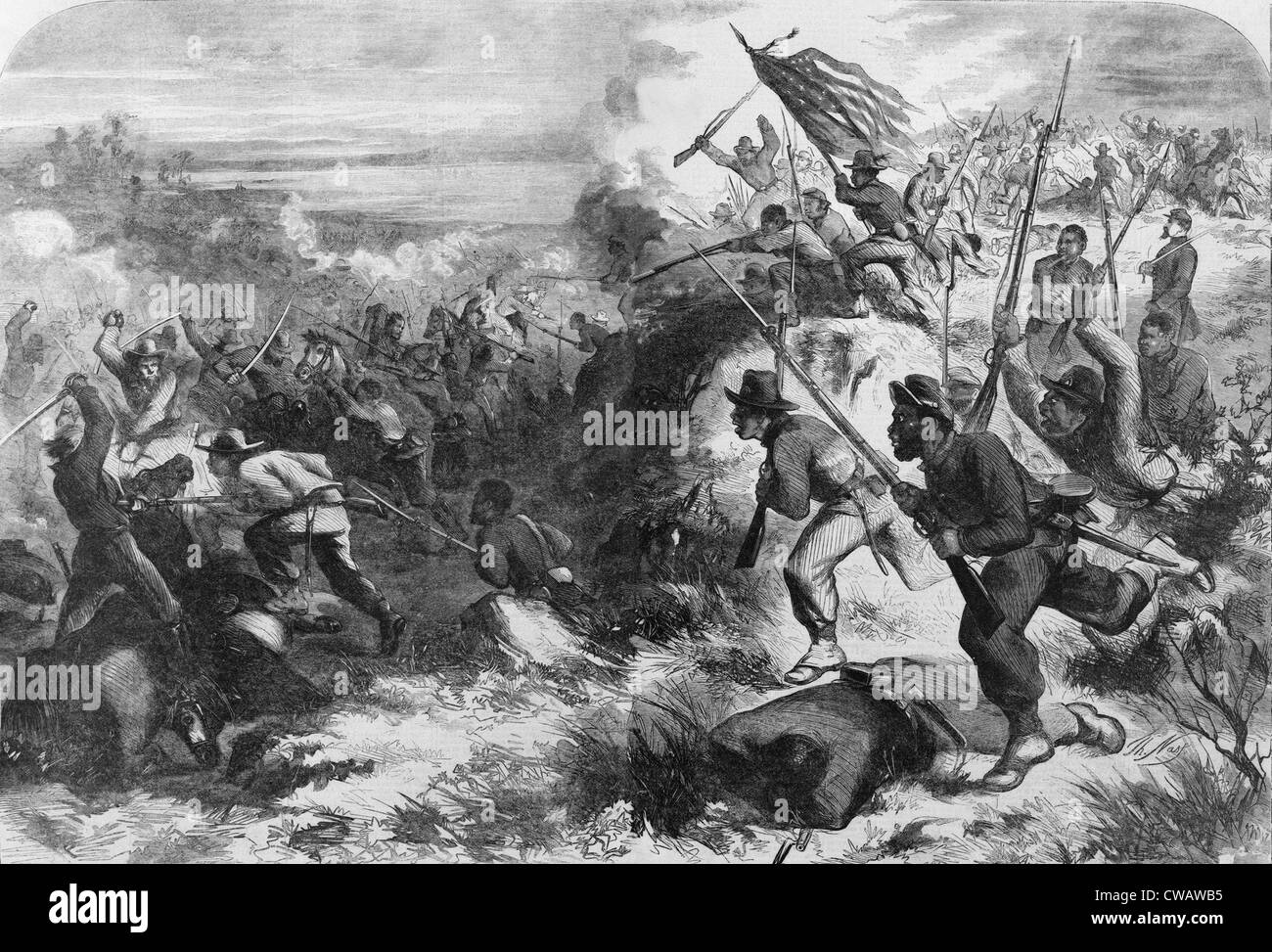 Africana di soldati americani in una guerra civile battaglia contro i loro ex padroni, come immaginato da artista Thomas Nast nel marzo 1863. Foto Stock