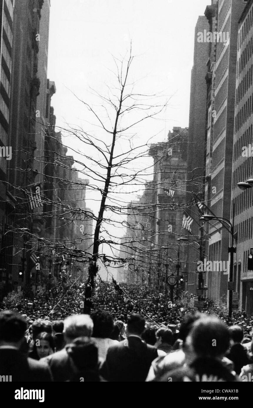 Un gruppo di dimostranti portano un albero sulla Quinta Avenue, come parte della Giornata della Terra. La città di New York, New York. 4/22/70. La cortesia CSU Foto Stock