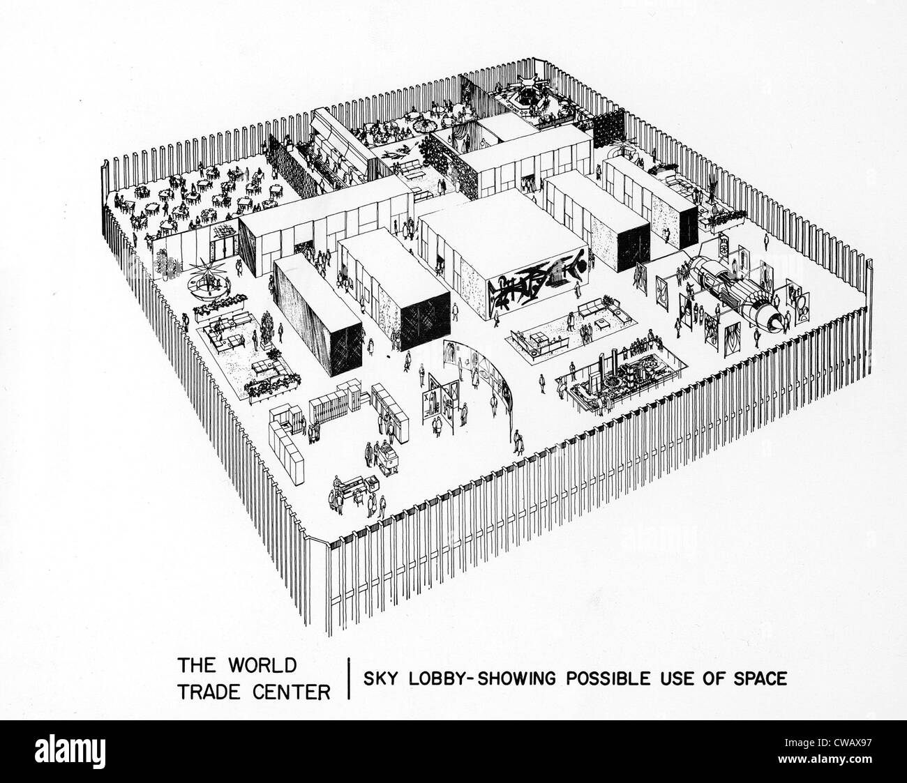 WORLD TRADE CENTER, schema di uso proposto di sky lobby spazio, datata 04-08-67.. La cortesia: CSU Archivi / Everett Collection Foto Stock