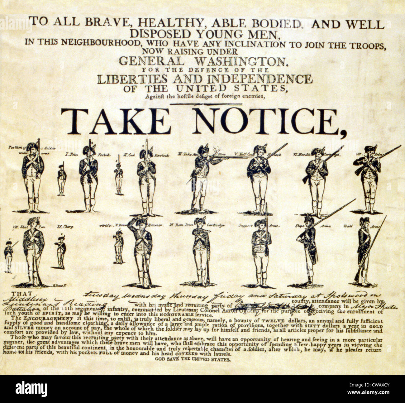 Esercito continentale assunzione fiancata. "A tutti i coraggiosi, sano, in grado corposi e ben disposti i giovani uomini..." 1776. Foto Stock