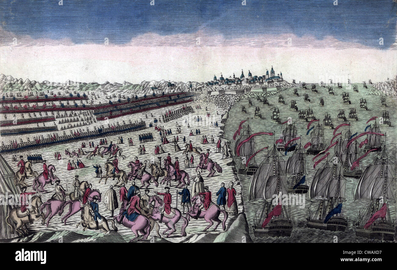 Un'interpretazione di assedio di Yorktown. La combinata americano ed eserciti francesi e la marina francese circondano l'esercito britannico in Foto Stock