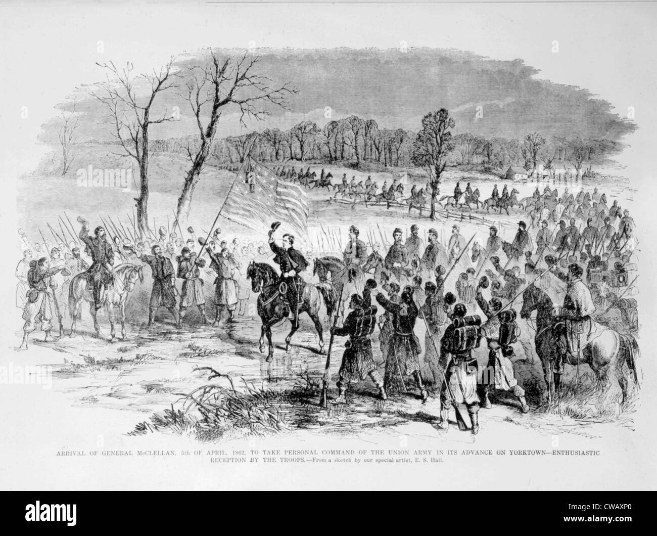 L'arrivo del generale George McClellan a prendere il comando delle truppe dell'Unione, 5 aprile 1862, da Leslie settimanalmente Foto Stock