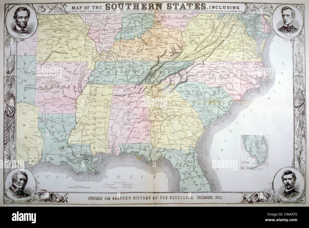 Mappa del sud degli Stati Uniti ha pubblicato per Harper storia pittorica della grande ribellione, Dicembre 1863 Foto Stock