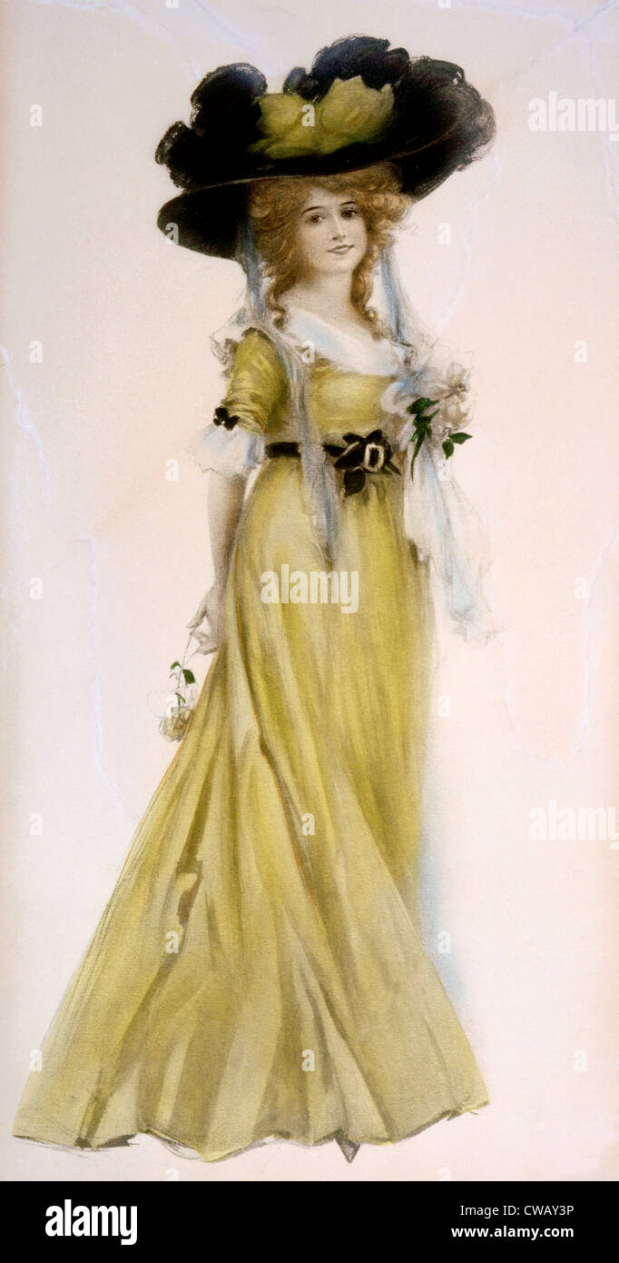 Donna in abito vittoriano e grandi hat, circa 1889. Illustrazione di Leon Moran. Foto: courtesy Everett Collection Foto Stock