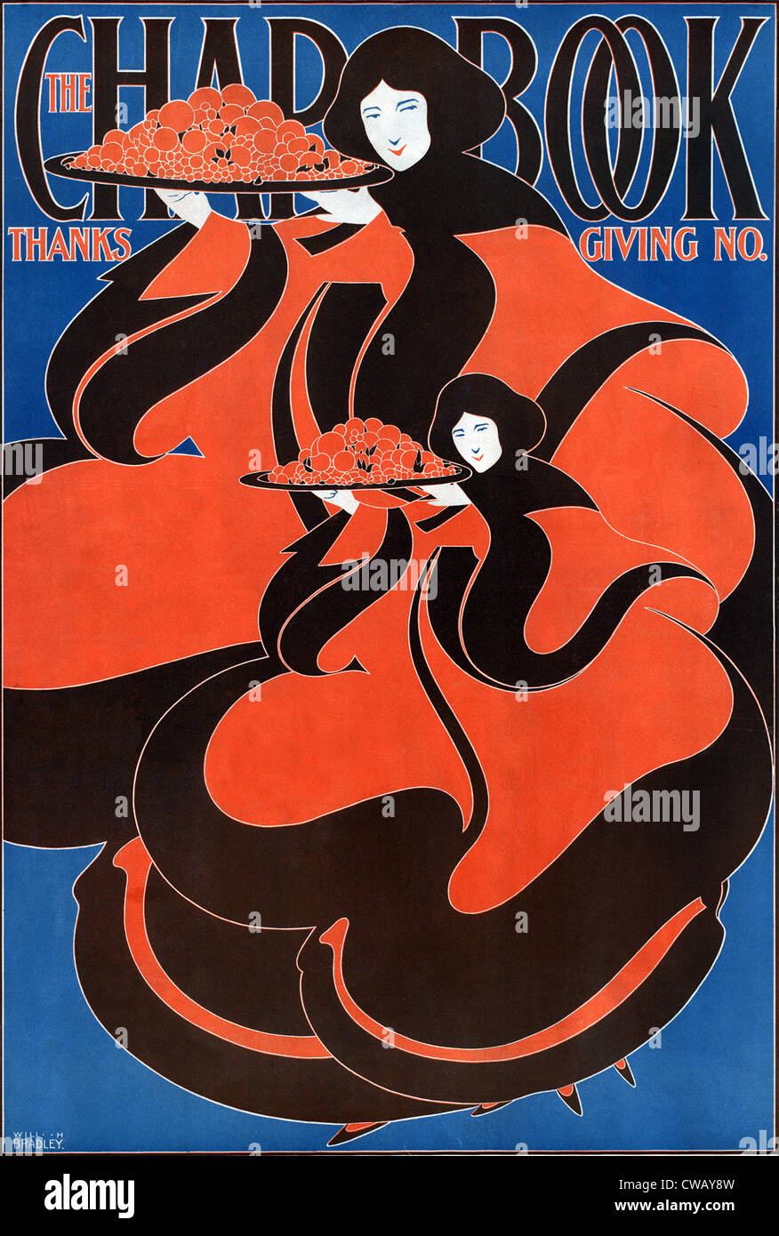 Il giorno del ringraziamento. Il Chap Prenota Copertina. Un art nouveau illustrazione che mostra una madre e figlia di vaschette di contenimento di cibo, Foto Stock