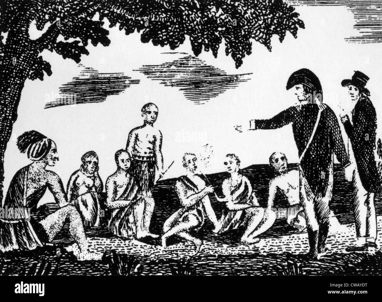 Meriwether Lewis e William Clark tenendo un consiglio con gli indiani a quello che divenne noto come Council Bluffs, Iowa, 1804, xilografia Foto Stock
