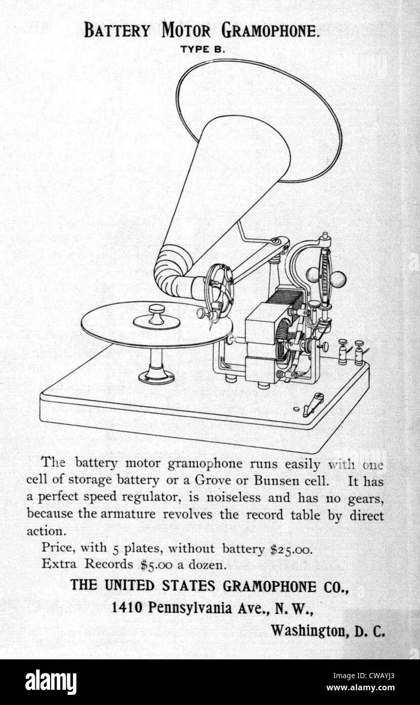 Grammofono annuncio, motore della batteria il grammofono, circa 1880. Foto Stock