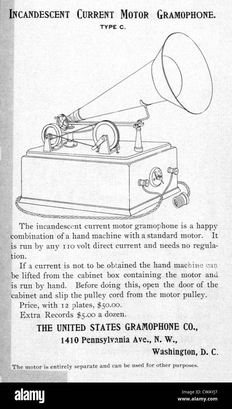Grammofono annuncio, ad incandescenza del motore corrente Gramophone, circa 1890s. Foto Stock