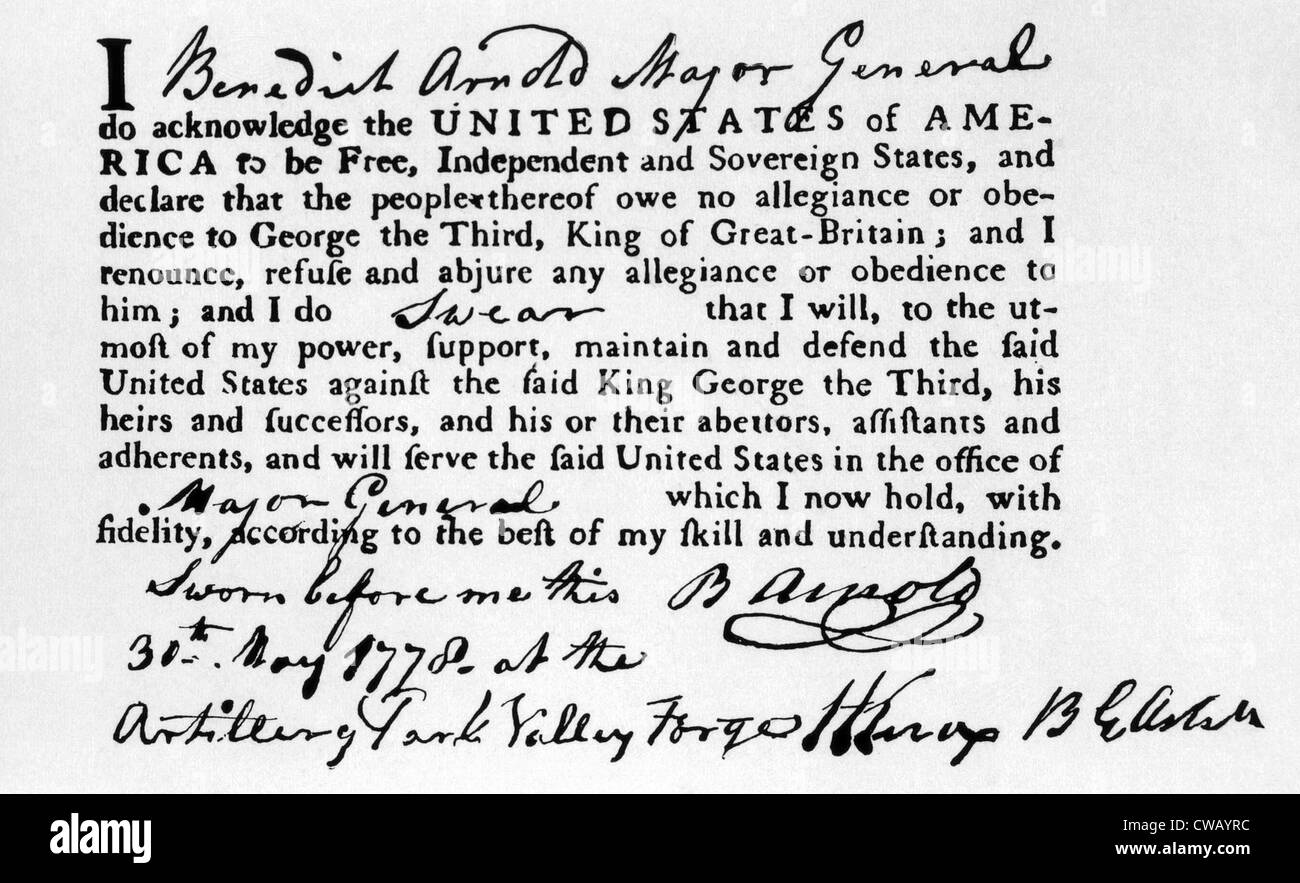 Benedict Arnold il giuramento di fedeltà agli Stati Uniti, 1778 Foto Stock