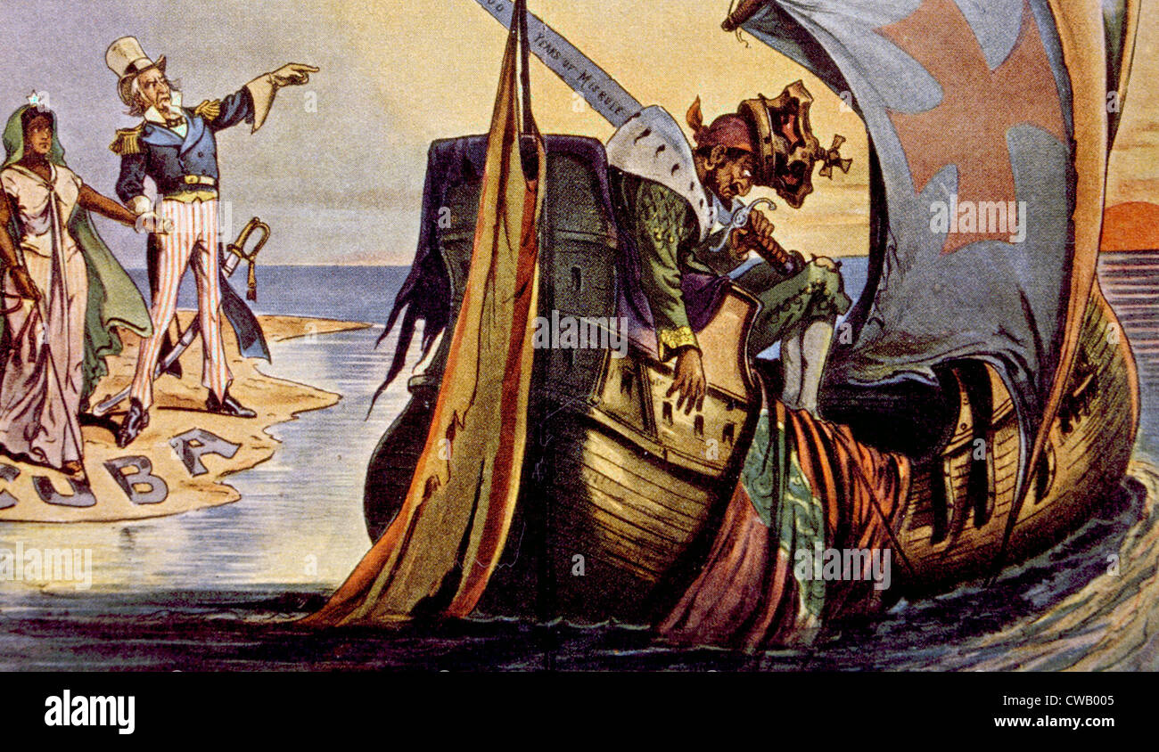 La spagnola guerra americana, cartoon politico che mostra lo zio Sam bidding addio a Sapin dopo la conquista di Cuba, dal Puck, 1900 Foto Stock