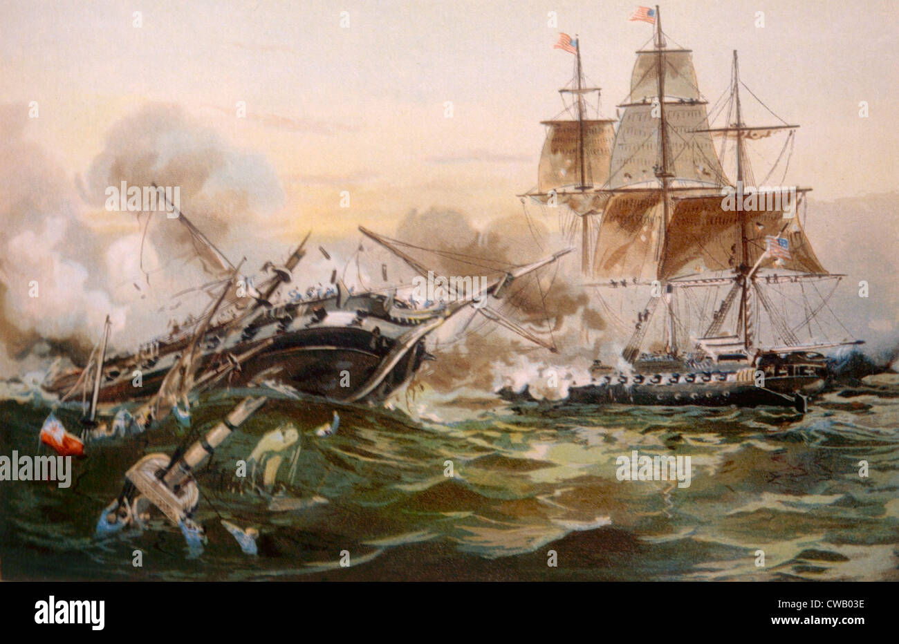 La guerra del 1812, battaglia navale tra la fregata DEGLI STATI UNITI di costituzione e la nave da guerra britannica Guerriere, 1812 Foto Stock