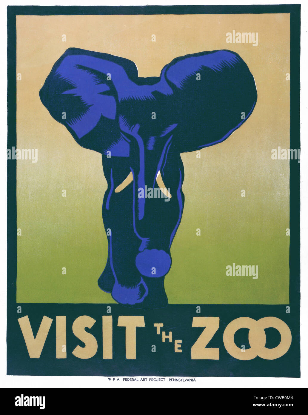 Poster di promozione della zoo come un luogo da visitare, mostrando un elefante, recita: 'visitare lo zoo', progettato da Hugh Stevenson, per la Foto Stock