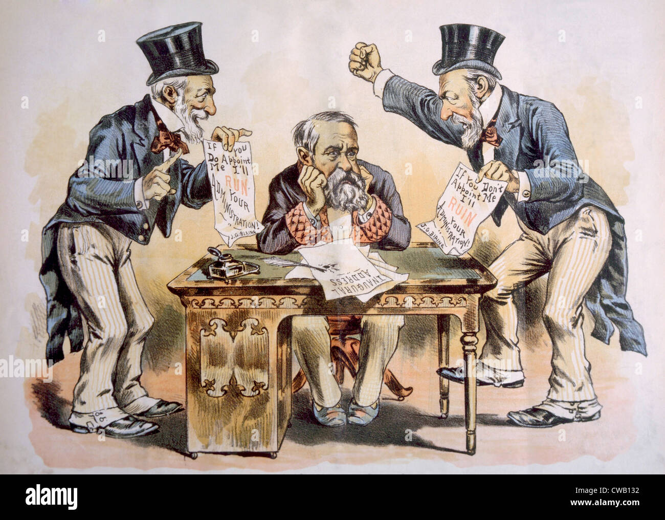 Presidente Benjamin Harrison assediato dai sostenitori di James G. Blaine sostiene la sua nomina a Segretario di Stato, cartoon Foto Stock