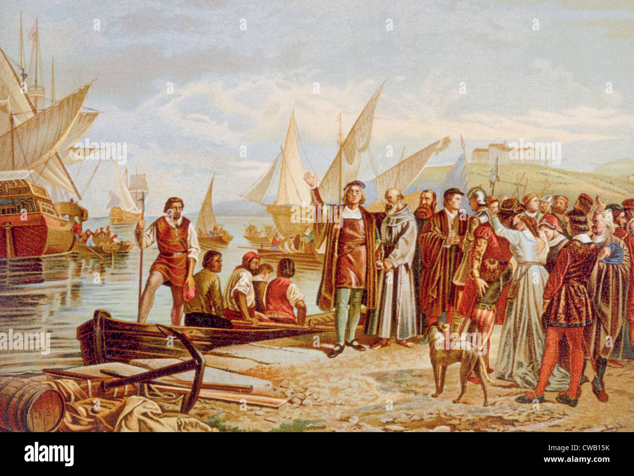Christopher Columbus' imbarco dal porto di Palos, in Spagna il 3 Agosto 1492 Foto Stock