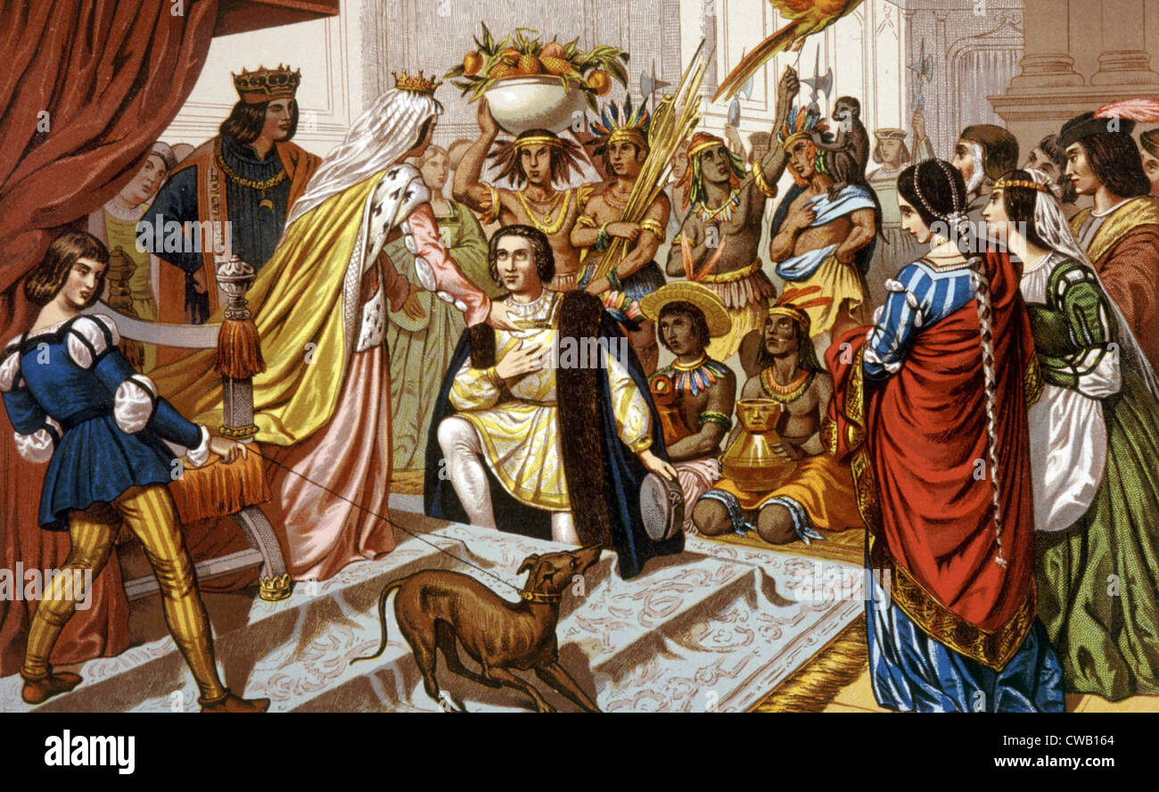 Christopher Columbus ricevuto dal Re Ferninand e Regina Isabella al suo ritorno dal Nuovo Mondo in 1493, chromolithograph Foto Stock