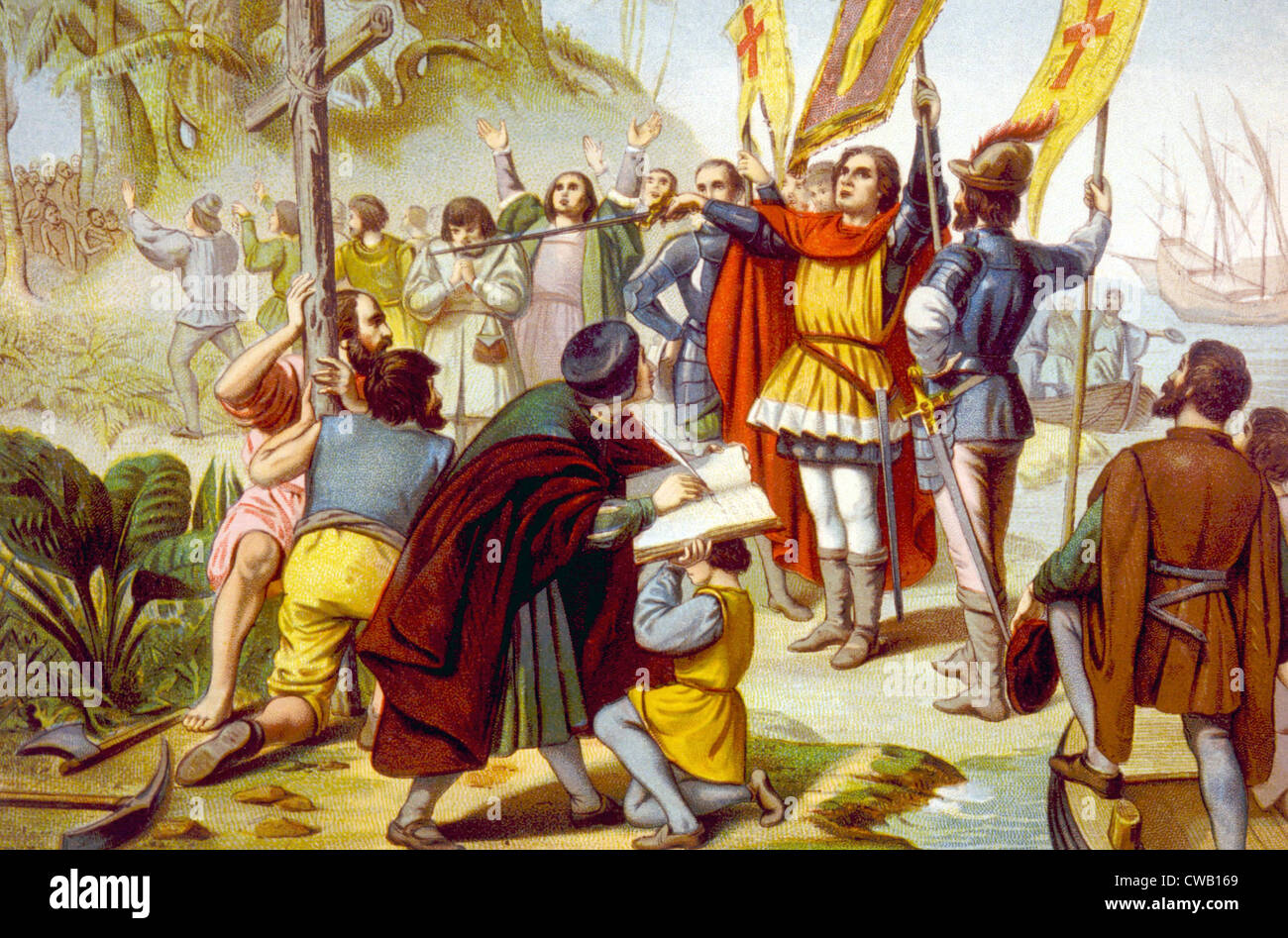 Christopher Columbus tenendo munita del Nuovo Mondo in San Salvador, chromolithograph 1492 Foto Stock