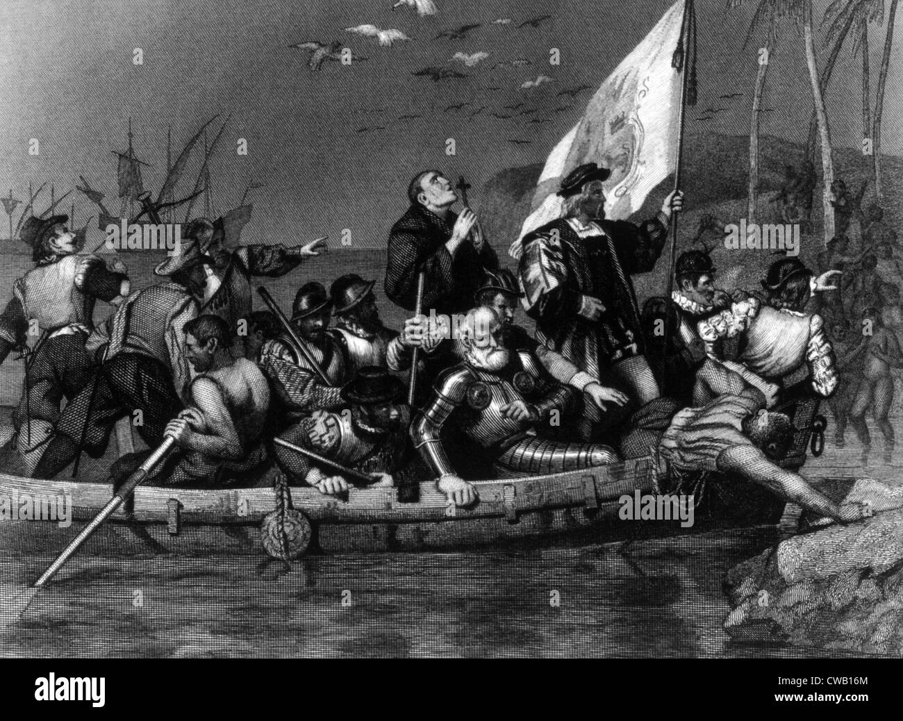 Cristoforo Colombo sbarco nel Nuovo Mondo, incisione da 1881 Foto Stock