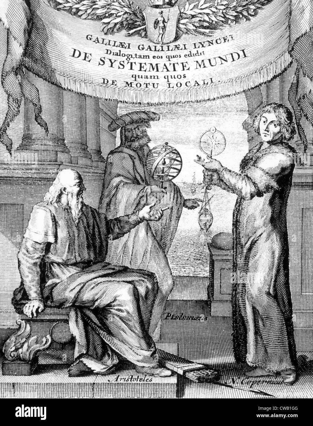 Frontespizio di Galileo 'De Systemate mundi' raffigurante Aristotele, Tolomeo, Copernico, 1635 Foto Stock