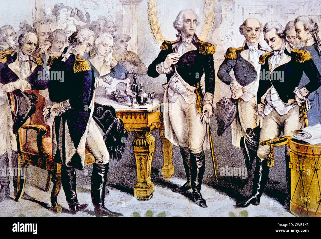 General George Washington congedo degli ufficiali del suo esercito, Dicembre 4, 1783, litografia di Nathaniel Currier pubblicato Foto Stock