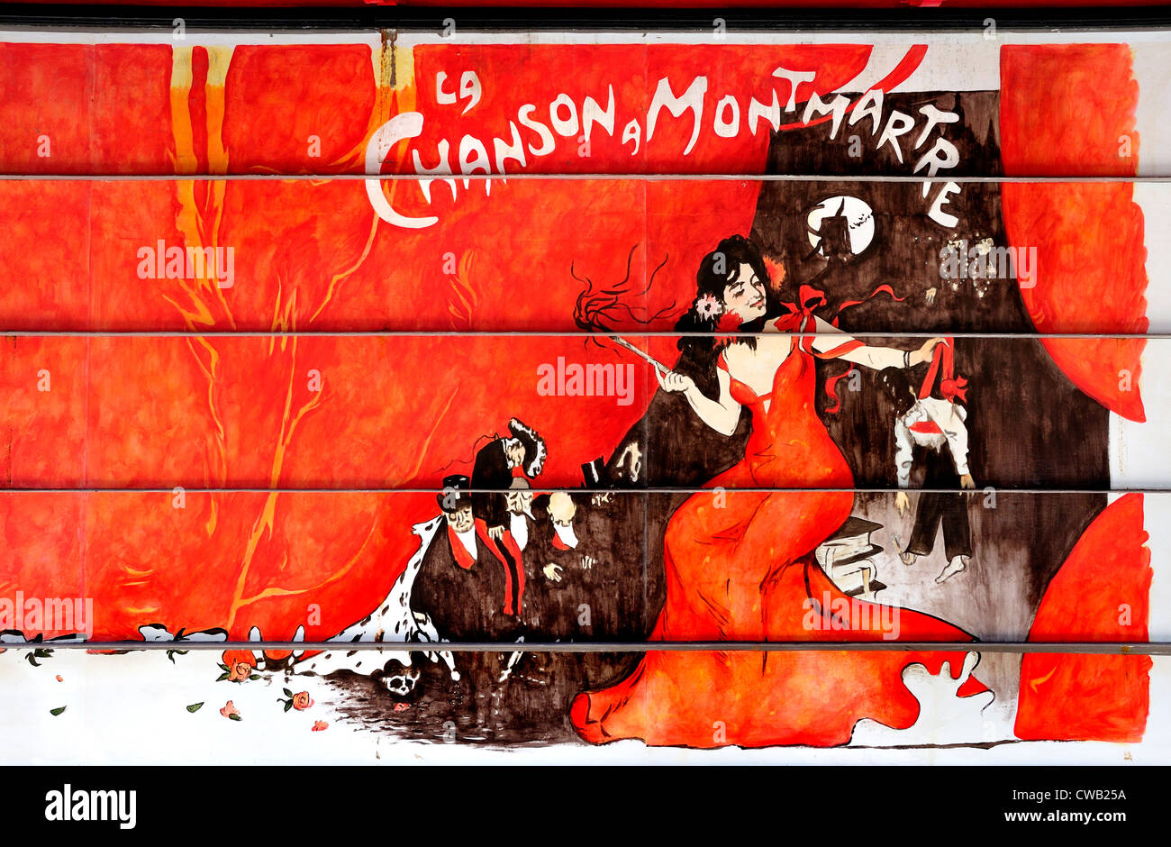 Parigi, Francia. Metallo dipinto shop persiane in Rue Cavalotti (XVIII ARR) nello stile di Toulouse-Lautrec Foto Stock