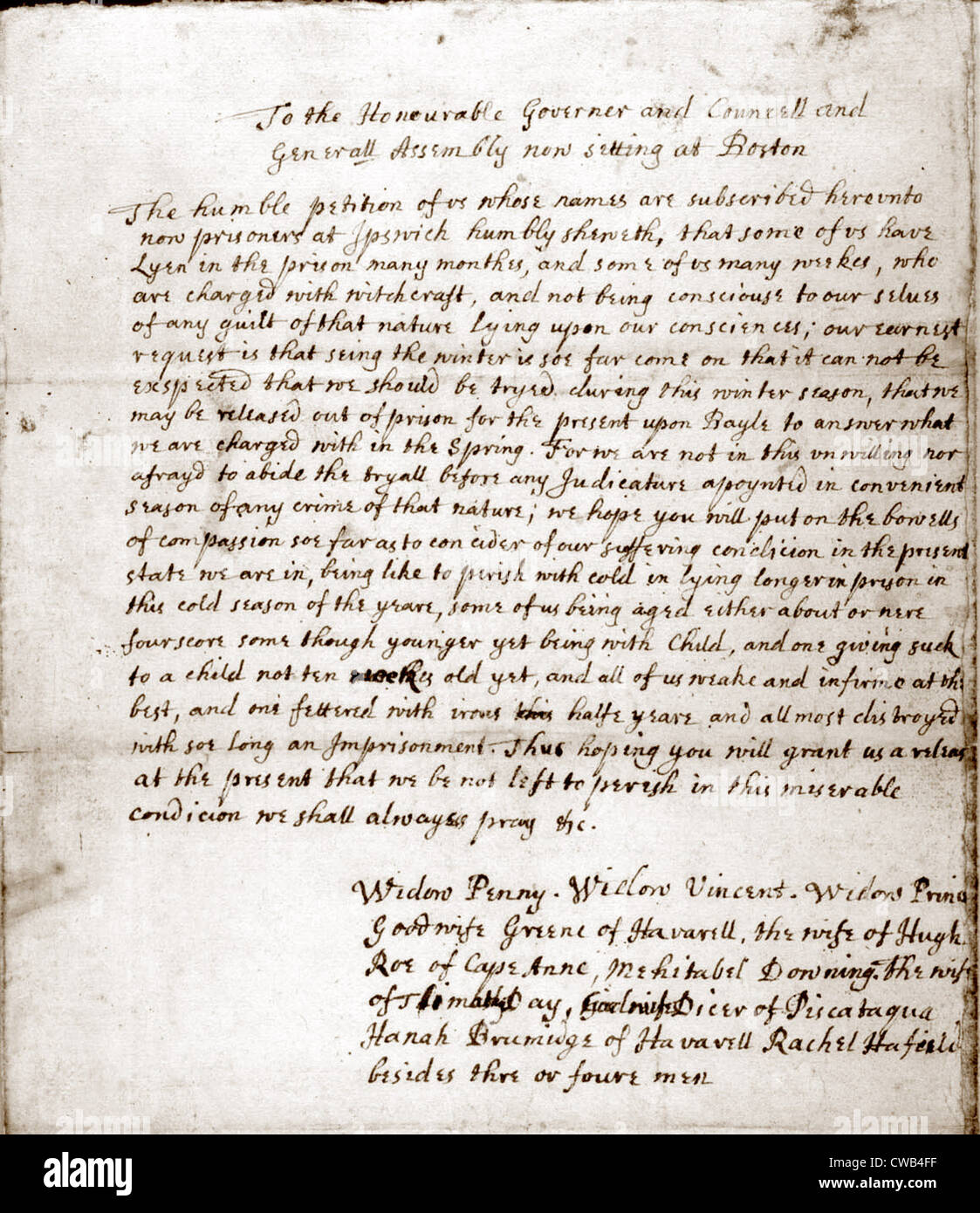 Salem processo alle streghe. Petizione per la cauzione da accusato le streghe, Salem, Massachusetts, ca. 1692 Foto Stock