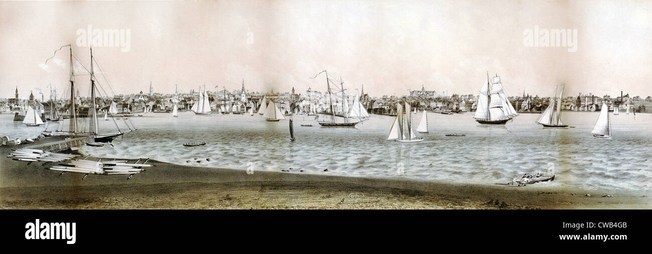 La Rhode Island. Una vista di Newport, Rhode Island da Fort Wolcott, la Goat Island. Mano litografia colorata da J.O. Newell, ca. 1860 Foto Stock