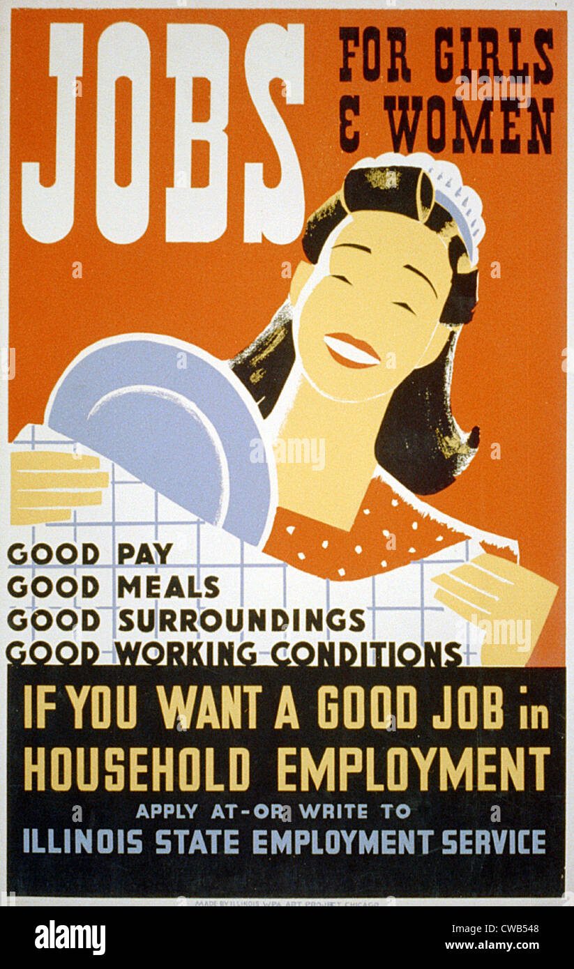 Aiuto voluto. Poster per Illinois State Employment Service promozione di posti di lavoro per le donne come domestici offrendo 'buona retribuzione, buoni pasti, Foto Stock