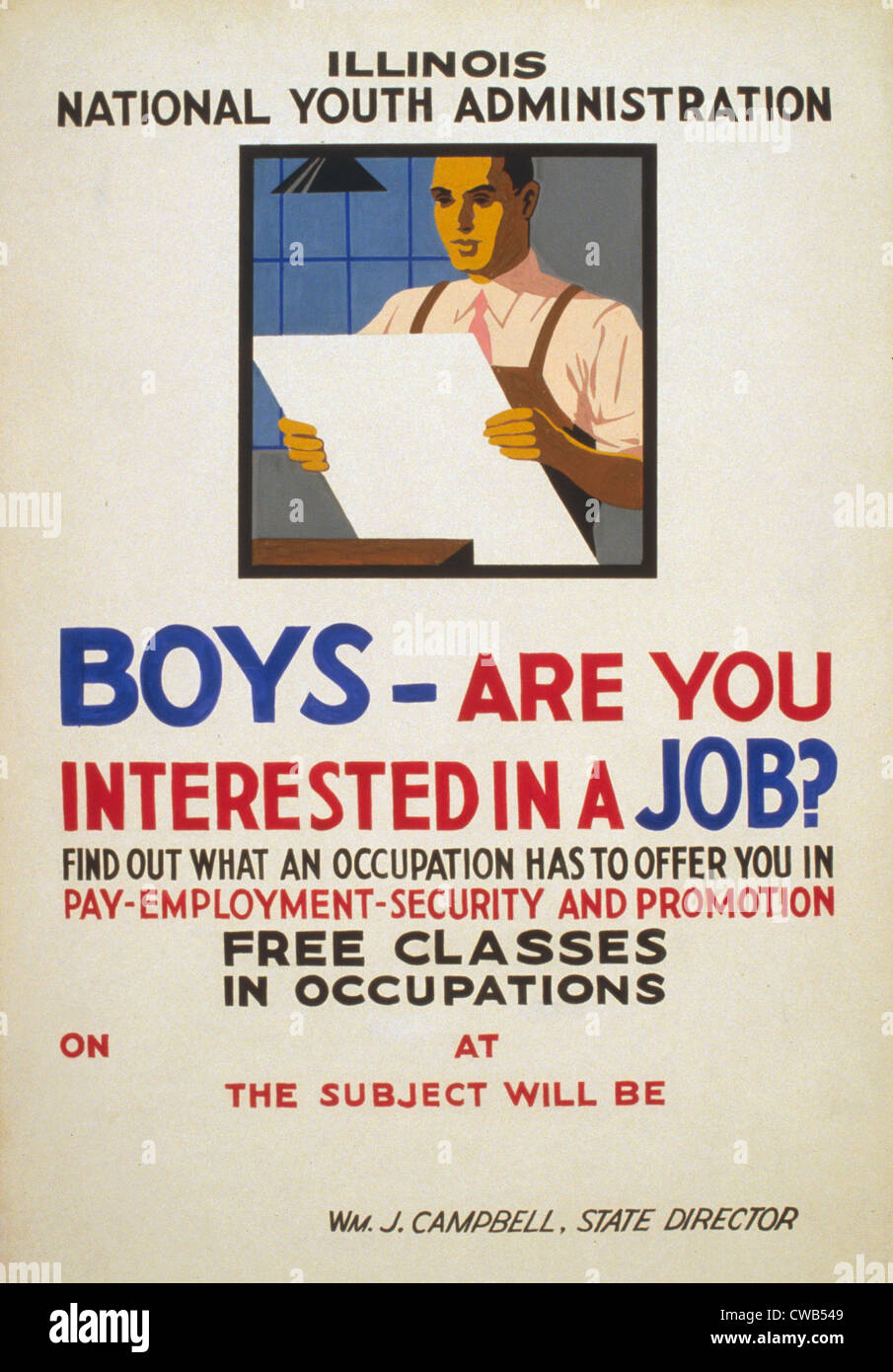 Aiuto voluto. Ragazzi - siete interessati a un lavoro? Poster per Illinois branch del National Youth Administration promozione Foto Stock