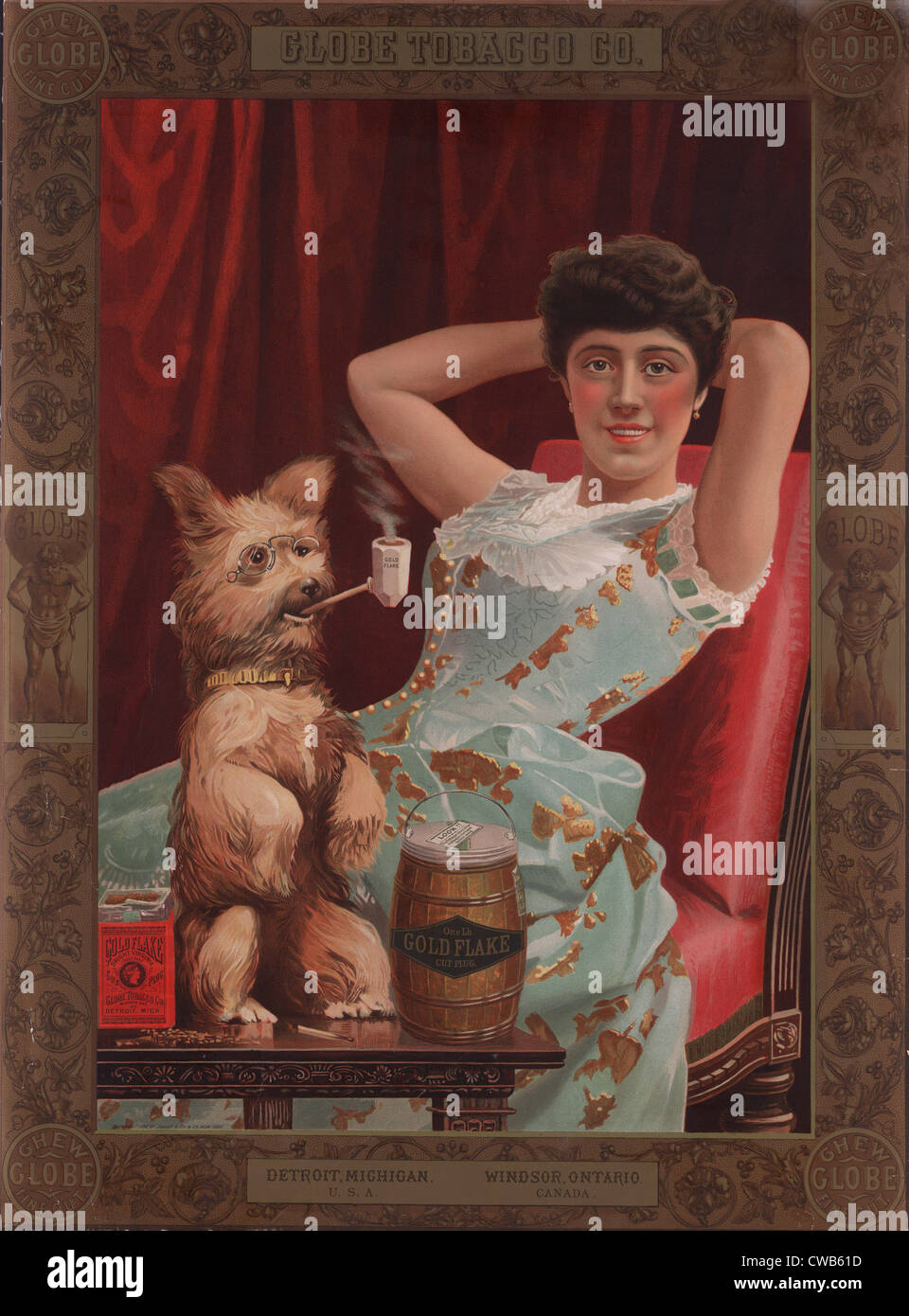 Fumatori cane nella pubblicità per il globo di società del tabacco, Gold Flake Cut Plug il tabacco da masticare, mostrando una giovane donna di oziare come Foto Stock