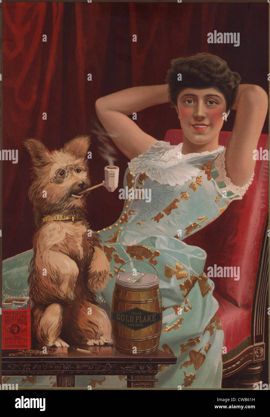 Dettaglio del fumo cane nella pubblicità per il globo di società del tabacco, Gold Flake Cut Plug il tabacco da masticare, mostrando una giovane donna Foto Stock