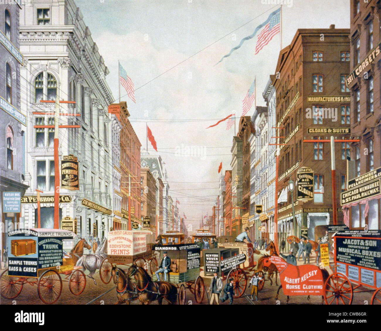 Broadway a New York City. Illustrazione di New York asciutto del distretto di merci mostra carri trainati da cavalli, street ferrovie, e Foto Stock