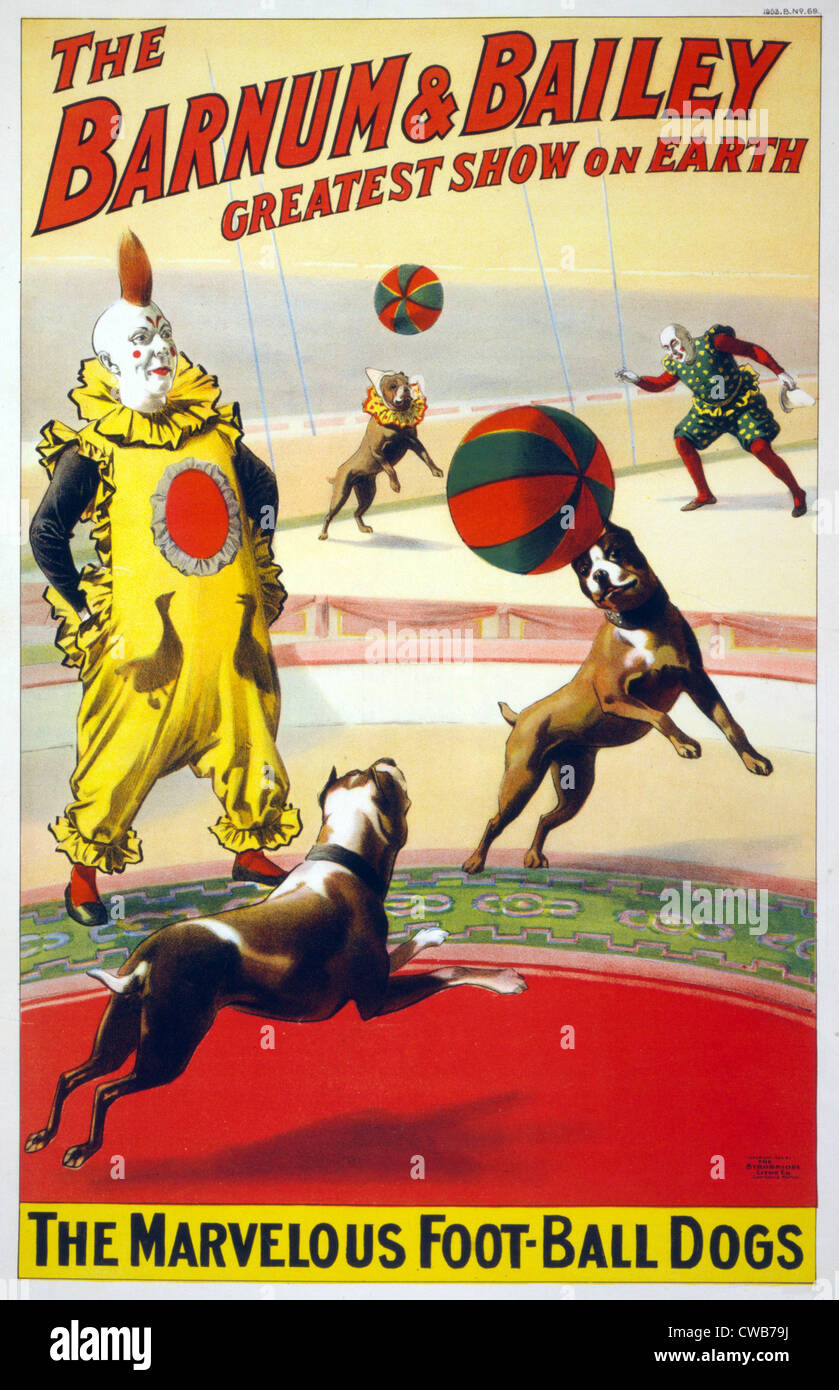 Un clown eseguire con il meraviglioso foot-ball cani nel Barnum & Bailey circus. Poster, ca. 1900. Foto Stock