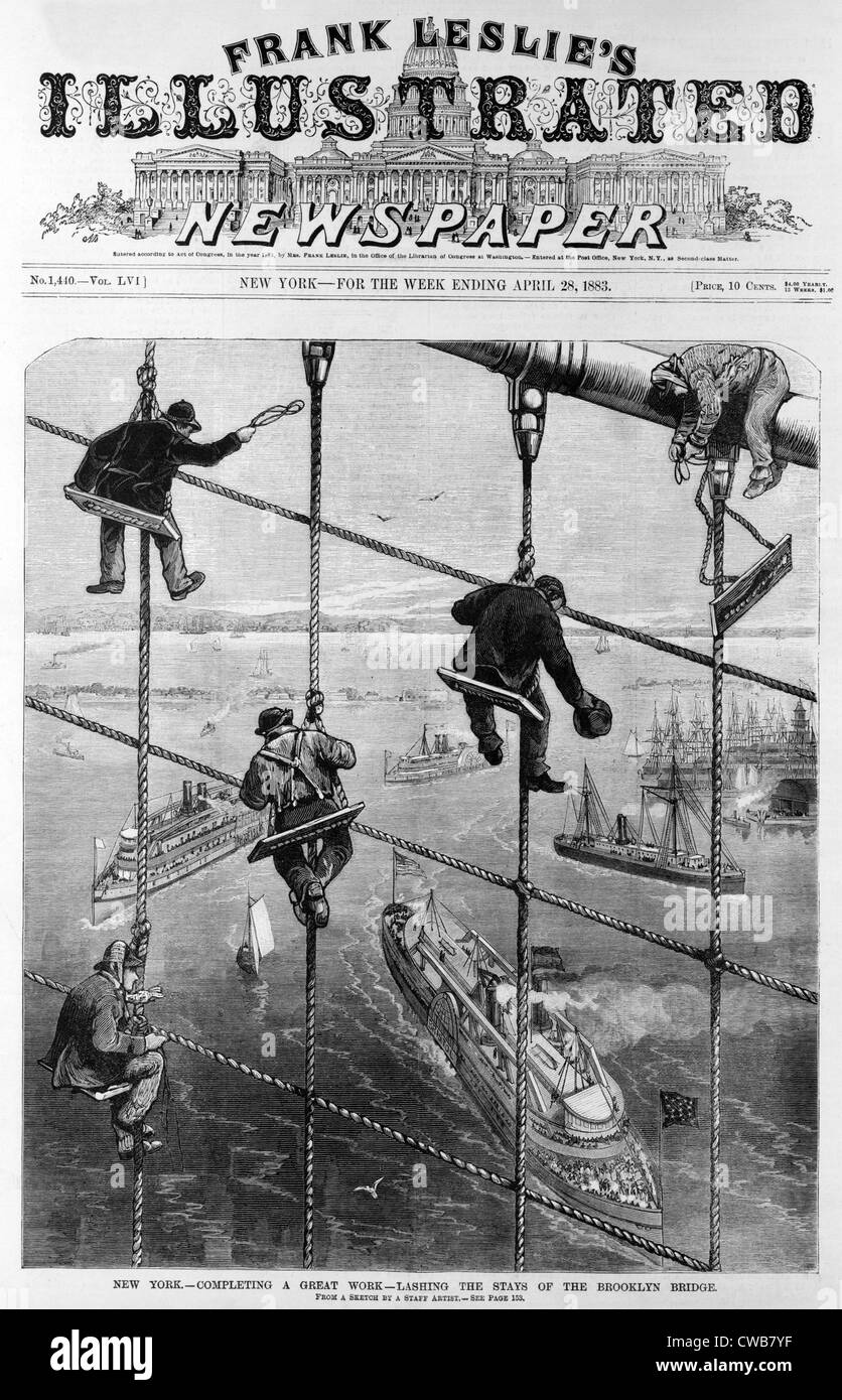 Il Ponte di Brooklyn. New York-completando un grande lavoro- rizzatura i tiranti del Ponte di Brooklyn. Frank Leslie illustrato Foto Stock