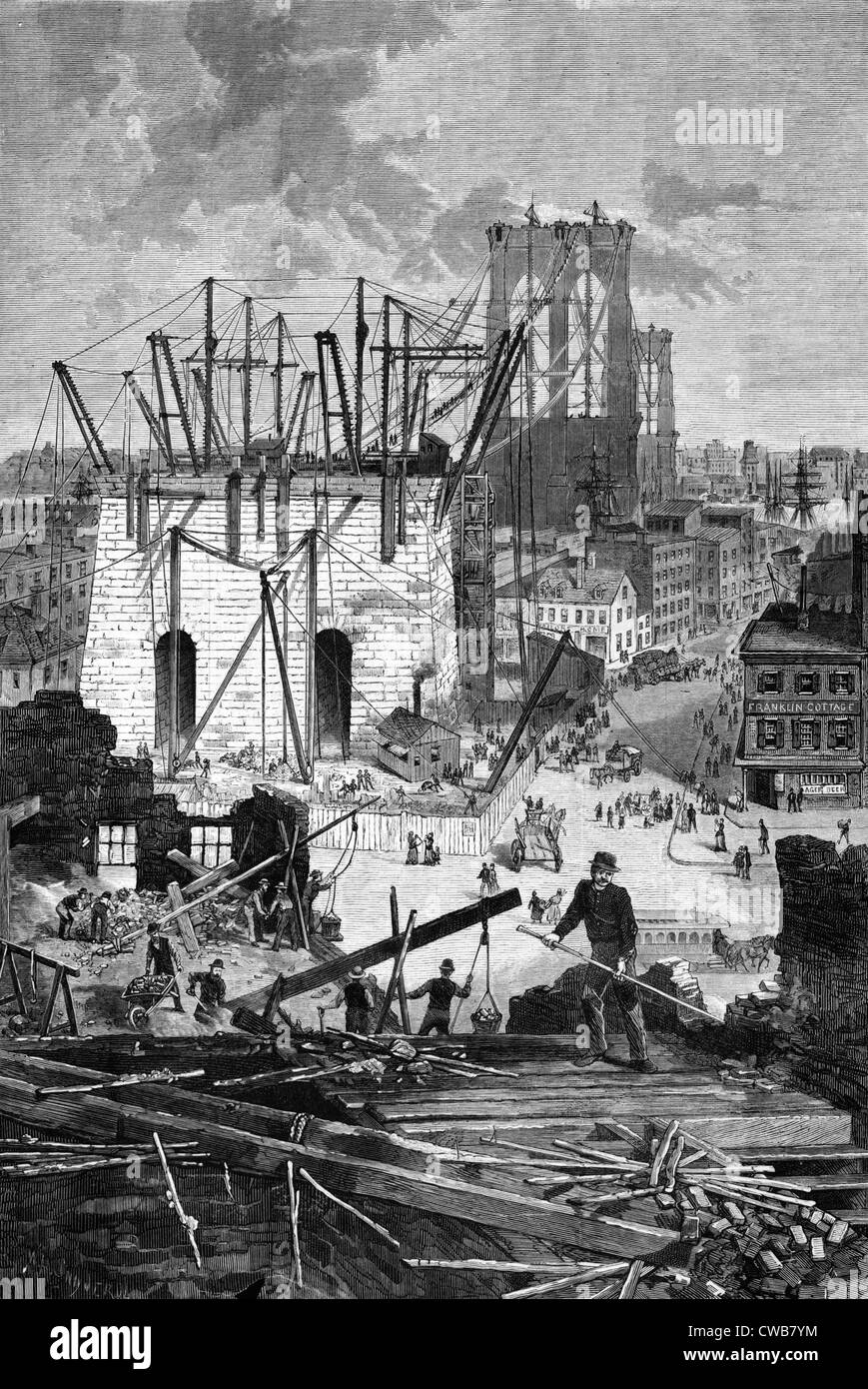 La costruzione del ponte di Brooklyn. Demolizione di edifici per la New York approccio del Ponte di Brooklyn, New York 1877 Foto Stock